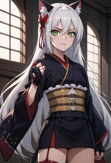 score_9, score_8_up, score_7_up, score_6_up, score_5_up, score_4_up, BREAK source_anime, (very skinny), very slim, underweight, fighting stance, 1girl, ((red short kimono)), BREAK
bare collar bone, bare leg, very long hair, looking at viewer, sexy, Flat chest, smirk,, tsukimio, fingerless gloves, black eye makeup, very long hair between eyes, wild messy hair, detached sleeves, mansion , green eyes, white hair, cat ears, RED stockings, black obi,