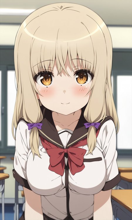 masterpiece, best quality, by ogipote, BREAK
solo, kujoufumi, (big breasts:0.6), school uniform, 
looking at viewer, light smile, blush, red bow, 
indoors, classroom, 
<lora:KujouFumi_XL:1>