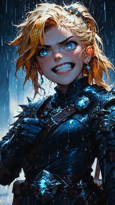 score_9, score_8_up, score_7_up, rating_safe, photo-enhanced, fantasy, 1girl, solo, dnd, d&d, paladin,  
red plate armor, yellow runes on armor, disgusted face, platinum blond hair, tied hair, trailing ponytail,  looking up, head tilted up, arched back, (leather gloves:1.5), open mouth, clenched teeth, small breasts, leather belt, satchel, 
universe eyes, colorful eyes, bright eyes, sparkling eyes, starburst eyes,  rain, 
<lora:HKStyle_V3:1> <lora:extremely_detailed:1>  <lora:Fant5yP0ny:1>  <lora:disgusted_face_xl_goofy:1> <lora:Rain (pony) v1:1>  <lora:Flash_Glowing_Runes_SDXL:1>