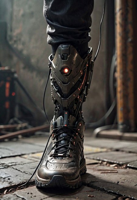 Super Closeup, a detailed Cyborg Leg in Sneaker, Explore the stark contrast between the ominous, dystopian backdrop and the vibrant shoes in descent.  Dive into the emotions, obstacles, and enigmatic ambiance conveyed by this distinctive scenario. very detailed, raw photo, photorealistic, high detailed texture, 8k uhd, dslr, soft lighting, high quality, film grain, Fujifilm XT3, highly detailed photography, atmospheric haze, Film grain, cinematic film still, shallow depth of field, highly detailed, high budget, cinemascope, moody, epic, OverallDetail, 2000s vintage RAW photo, photorealistic, candid camera, color graded cinematic, eye catchlights, atmospheric lighting, imperfections, natural, shallow dof