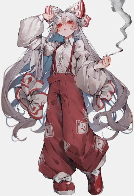 score_9, score_8_up, score_7_up, score_6_up, <lora:tsuneXL_P6_lokr_V53P1:0.95> 1girl, fujiwara no mokou, long hair, solo, red eyes, full body, red footwear, cigarette, shirt, bow, hair bow, holding cigarette, long sleeves, white background, pants, collared shirt, very long hair, red pants, suspenders, white bow, simple background, holding, smoke, white shirt, white hair, ofuda on clothes, footwear bow, ofuda, smoking, baggy pants, shoes, hair between eyes, grey hair, open mouth, buttons, parted lips, blush, standing, puffy sleeves, looking at viewer, red bow