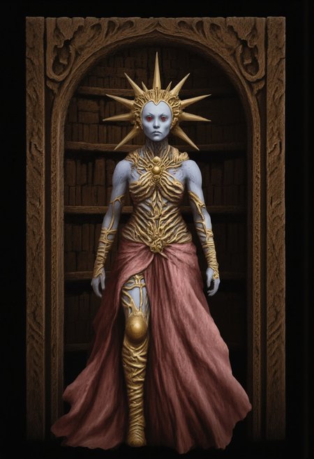 b3rs3rk macro lens d4concept pov, 3D01S, simple background d4artstyle atmospheric and powerful MikeFranchinastyle dark fantasy, natural organic and first person pov of a berserk style creature in the Tsutomu Nihei style 
Regal alien empress, full body portrait, standing in ornate wooden doorway. Pale gray skin, stern expression, red eyes. Golden spiked crown radiating from head like sun rays. Elaborate costume: dusty rose puffy sleeves, intricate golden chest piece with organic patterns. Visible ribcage and abdominal muscles, giving biomechanical appearance. Lower body draped in flowing rose-colored fabric with golden ornamental belt. Forearms wrapped in golden, spiraling bracers. Hands at sides, long fingers. Setting: dark interior with wooden bookshelves visible in background. Framed by carved wooden archway with intricate designs. Color palette: dusty rose, pale gray, rich gold against dark brown background. Photorealistic rendering with surreal elements. Lighting: soft, dramatic from front, emphasizing texture and form. Cinematic composition, straight-on view, symmetrical framing. Style blend: high fantasy meets biomechanical horror. Texture detail: polished metal, soft fabric, intricate carvings, alien skin. Atmosphere: regal, otherworldly, slightly menacing
UHD letterboxed game trailer frame chromatic aberration dark atmosphere sharp masterpiece with a focus on the character, elden ring style, dark atmosphere,