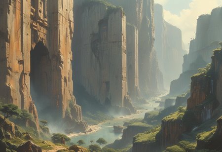 professional concept-art, fantasy scifi, wondrous view looking out a cave, that's situated halfway up a four mile high cliffside, the elevated position offering incredible depth of view, as you gaze out over the untamed jungles of the Predator's homeplanet,