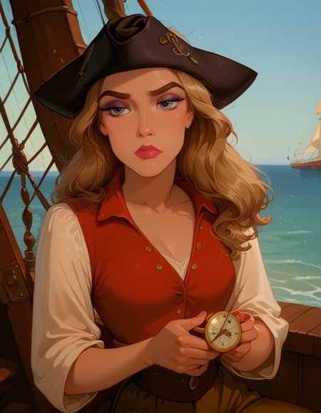 <lora:Disney_Style:.9> <lora:princess_xl_v2:.75> <lora:add-detail-xl:.9> <lora:g0th1cPXL:.3> <lora:Cherry-Gig:.45> <lora:Expressive_H:1> <lora:PLASTT_PonyV6:1> <lora:Elizabeth_Swann_ZairaSass_v1:1> score_9, score_8_up, score_7_up, zPDXL, DisneyRenstyle, score_9,score_8_up,score_7_up,score_6_up, 
(ocean background, pirate ship, leaning agaisnt wooden railing, ambient light), (sitting, 3/4 view), 
1girl, solo, sexy 18 year old, british girl, (Elizabeth Swann, Pirate Disguise), perfect face, beautiful face, defined cheekbones, defined jawline, light brown hair, thick hair, thick dark eyebrows, dark brown eyes, dark lashes, thin lips, nude colored lips,  
confused expression, narrow eyes, one hand on hip, perfect hands, 5 fingers, slender waist, tall, slender, sexy, 
black tricorne hat, white sleeves, white tunic, red vest, red waistcoat, brown trousers, holding compass, looking at compass,