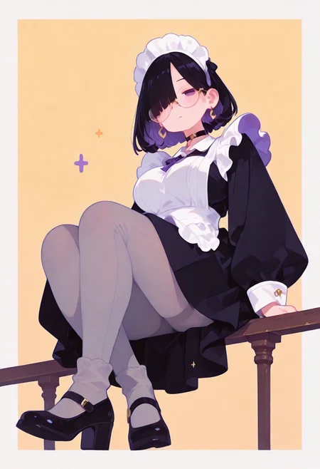 masterpiece, best quality, good quality, very aesthetic, absurdres, newest, 8K, viewed from below, legs focus, legs awe, full body, perspective, BREAK 
side portrait of stunning girl sitting, legs crossed, bangs, black hair, bobcut hair, purple eyes, choker, hair over one eye, (rimless big round glasses), large breasts, earrings, ear pierces, ultra detailed decorative victorian gossamer clothes, very short tight black maid dress, maid apron, multi colored hair, grey tights, black pumps, 
simple pastel red background with thick white border,
directional lighting, BREAK half closed eyes, blushing, unfocused eyes, slightly parted lips, distant gaze, emotionless look,
chubby legs, thick legs, skindentation, thick ankles, 
ultra-realistic, Flatline, Flat vector illustration, haiz_ai, no lineart, no outline,
pplegs,  748cmstyle,
<lora:haiz_ai_illu:0.8> <lora:flatline:1.65>  <lora:ponyv6_noobE11_2_adamW:0.25>  <lora:Slider-LimbWidth:1.5> <lora:Slider-LegLength:-1.5> <lora:v0.04_Concept_pony:0.29> <lora:748cmSDXL:0.45>