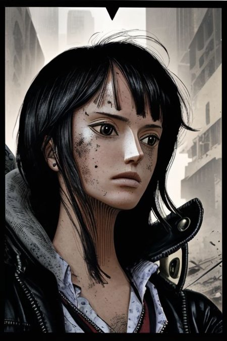 high resolution, solo, best quality, portrait, 1girl, nicrobprets, long hair, black hair, shallow depth of field, Post-Apocalyptic, survival, OverallDetail