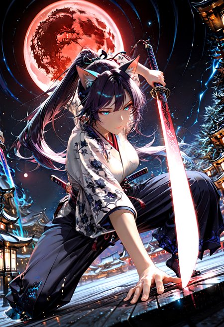 (cat ears:1.5)1girl,solo, long hair, high ponytail, portrait, close-up, dutch angle, (from below:1.3), outdoor, midnight, starrain, starfall, crimson full moon, motion blur, depth of field,(glowing sword:1.3)
(from side:1.3)fighting position, holding sword, sword infront of face, tathered clothes, bloody cloths, traditional japanese samurai outfit, bokeh, Chiaroscuro,foreshortening, blurry, stars, masterpiece, best quality, detailed, detailed background, detailed clothing, detailed hair, skin folds, intricate, volumetric lighting, dramatic lighting, very awa, very aesthetic, dynamic, cinematic,lazypos,  , Jeddtl02, dynamic pose, foreshortening, extreme perspective