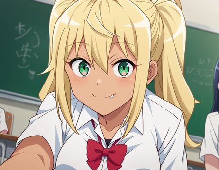 score_9, score_8_up, score_7_up, source_anime,
hibikisakura, <lora:hibiki-sakura-s1-ponyxl-lora-nochekaiser:1>
hibiki sakura, long hair, blonde hair, hair between eyes, twintails, green eyes, fang, dark skin, dark-skinned female, gyaru, mature female,
skirt, shirt, bow, school uniform, white shirt, short sleeves, collared shirt, bowtie, red bow, red bowtie,
indoors, classroom, smile, bent over,
looking at viewer, dutch angle, cowboy shot