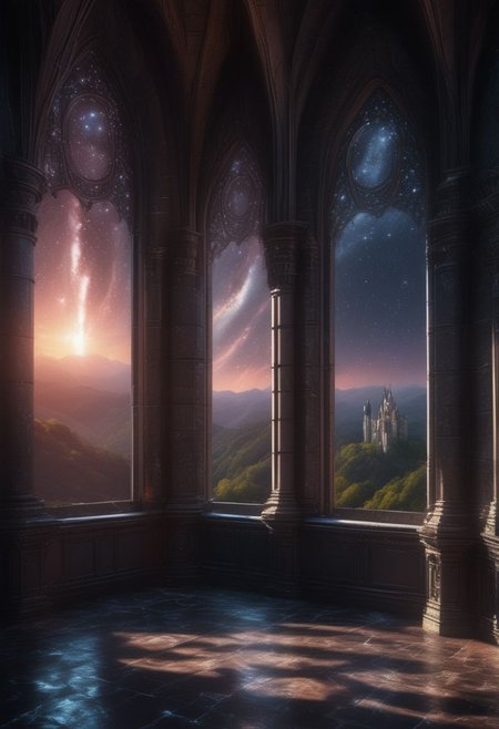 an abandoned Gothic castle with views of extraterrestrial galaxies from the windows. 4k, high-detail hyperrealism, HD quality, high-detail masterpiece. 4k, high-detail hyperrealism, HD quality, high-detail masterpiece