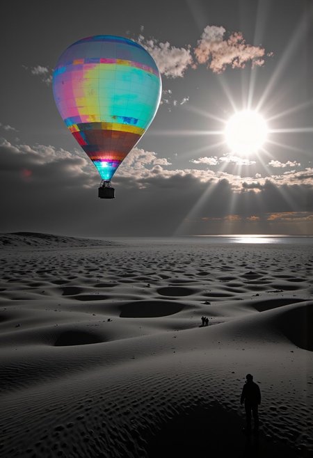 Endless monochrome dunes stretch toward the horizon, bathed in the eerie light of a massive, corrupted sunset. A neon-blue and yellow hot air balloon floats impossibly still in the sky, casting shifting holographic shadows onto the rolling sands. In the distance, a vast lake reflects impossible images—fragments of other worlds bleeding through the fabric of reality. A thick, glowing mist coils through the air, whispering secrets of the unseen.