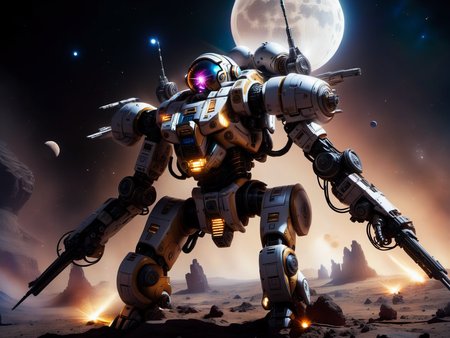 <lora:TechPunkAIv2Pruned:.9> LunarPunkAI  battle mech  (Highly detailed, amazing fantasy setting), (Shiny Impressive lighting), (Colorful, Ultra Realistic, High quality, Highly detailed, Sharp focus, 8K UHD, Art photography), (trending on artstation)