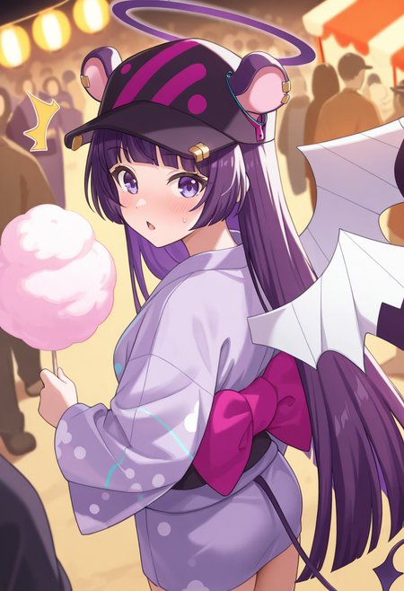 1girl,solo,<lora:shimmakkil:0.9>,shimmakk_(show_by_rock!!),blue eyes,halo,purple eyes,purple hair,long hair,blunt bangs,ear piercing,animal ears,multicolored wings,oversized wings,tail,purple yukata,polka dot,black polka dot,long sleeves,short kimono,black obi,black headwear,baseball cap,looking_at_viewer,from_side,from_above,looking_back,surprised,flustered,^^^,holding_food,chestnut mouth,crowd,night,cotton_candy,summer_festival,masterpiece,best quality,good quality,newest,incredibly absurdres,