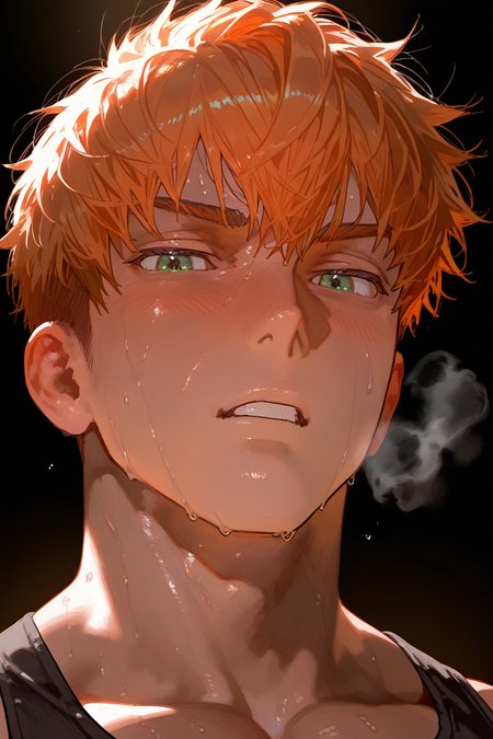 1boy, NapoliPizzaguy, orange hair, green eyes, short hair, manly, muscular, bara, expressive serious face, looking at viewer, parted lips, heavy breathing, sweating, sweatdrop, black tank top, portrait, black background, dynamic angle, intricately detailed, depth of field, masterpiece, best quality, amazing quality, very aesthetic, absurdres, newest, very awa
