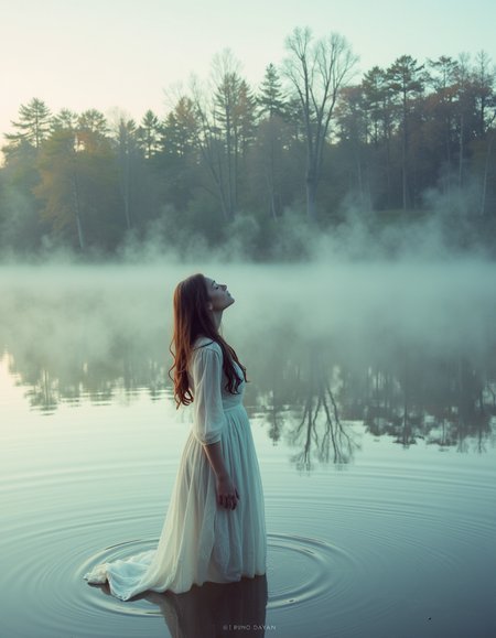 By Bruno Dayan. A photo-realistic shoot from a profile camera angle about a woman standing in a serene lake, looking up at the misty atmosphere. the image also shows a woman in the middle of the image, who appears to be a adult, with long brown hair, wearing a long white dress, standing in shallow water with her back to the camera. she is facing away from the camera, with her head tilted upwards and her eyes closed, as if in a moment of peaceful contemplation. the woman's body is slim, and she has a calm, serene expression on her face. the background is a misty forest with trees, and the lighting is soft and warm, casting gentle shadows on the water's surface. the overall mood is peaceful and tranquil, with a sense of serenity and tranquility.