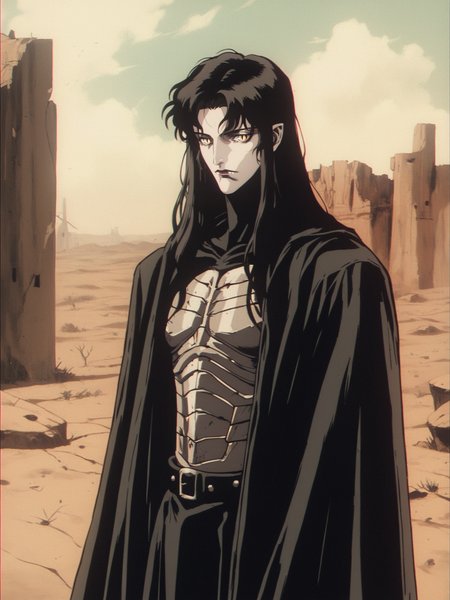 1boy, adult, vampire, pale skin, black hair, long hair, yellow eyes, black cloak, leather armor, standing, desert, ruined castle on the background, outdoors, stainding, solo, v4mpd, retro_artstyle, <lora:Vampire_Hunter_D_Bloodlust_Style:0.8>, 1990s \(style\), vintage, <lora:OldAnimeStyle_XL_v3:0.35>, score_9, score_8_up, score_7_up