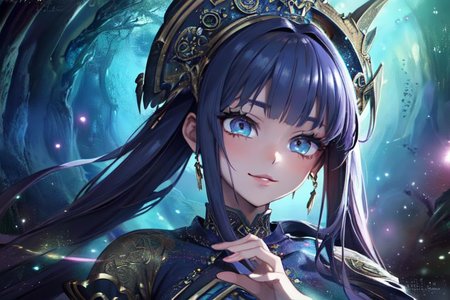 (masterpiece:1.4), 4K8K, (anime style), (high shutterspeed:1.4), (sharp edges), 
SyFyEye1, FanFo, 
1woman  hands togather,  leaning foward, face focus, smile, closed mouth, 
wearing Celtic style dress, (Detailed face, Detailed eyes, Detailed lips), (solo), 
Fantastic Forest at fantasy night, Fantastic Planets