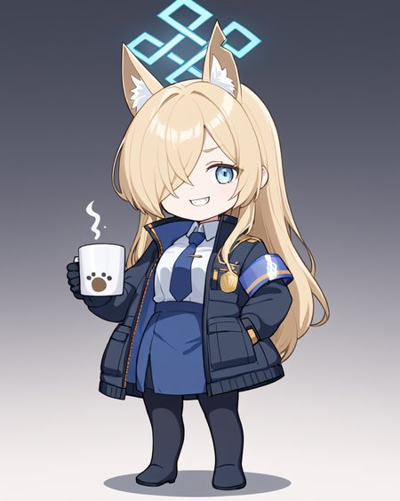 kanna \(blue archive\),1girl, solo, sharp_teeth, hair_over_one_eye, holding_cup, blue_necktie, hand_in_pocket, white_shirt, halo, animal_ear_fluff, black_jacket, long_sleeves, mug, looking_at_viewer, black_gloves, standing, collared_shirt, open_jacket, full_body, black_pantyhose, food, coat, grin, chibi, rice_bowl, blue_skirt, holding_bowl
<lora:kanna_(blue_archive)_image1422_2023-11-28:1>halo. gorgeous,key visual, vibrant, studio anime,award-winning, professional, highly detailed,high budget, cinemascope