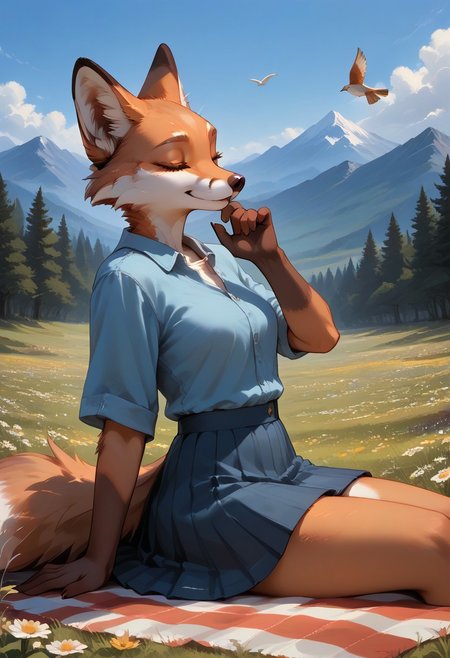 score_9, score_8_up, score_7_up, easynegative, EyesHD, realistic style, detailed face, 1girl, Lyssa, fox girl, (anthro fox girl: 1.2), sitting on a pillow, on a picnic blanket, on top of a hill, mountain view, wind, gentle clouds, flowers, bird in distance, outdoors, pleasant scene, leaning back, close up, from side, from front, skirt, laughing, eyes closed, hand up,