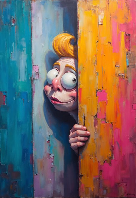 A quirky, cartoonish character peeks in from the right side of the vertical canvas, its head appearing to push the frame as if it's bending reality, creating a surreal and playful interaction between the character and the canvas, Vibrant Glow