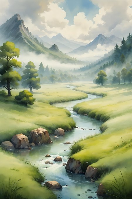 <lora:Retro_Illustration:1> 2d game scene, oil and watercolor painting, scenery, drawing of a minimalist landscape, river, meadow, mist, clouds, mountain, tree, forest, (masterpiece:1.2), best quality