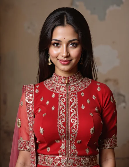 from front photo of a  woman with a d351 l1ght skintone, hyper realistic photo that is safe for work, serious, studio quality image with natural colors, well dressed wearing intricate turtleneck Red Rajasthani Lehenga, hair styled as  straight hair,muted pastel shaded multicolored background that contrasts with the person, cinematic lighting,âââââ   <lora:D351_L1ght_Desi_Latte_Flux_Kohya_V3:0.8>âââ
