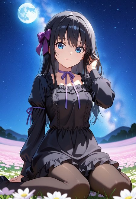medium depth of field, rule of thirds, masterpiece-level, clean lines, sharp, focused subject, minimalistic composition, masterpiece, amazing quality, best quality, anime screencap, detailed face, detailed eyes, detailed outfit, face focus, 
general,highres, ultra-detailed,very aesthetic,best quality ,best hands, perfect anatomy,detailed,
BREAK 1girl, solo, Natsuki Minamiya,blue eyes, black hair,
official outfit,hair bow,black pantyhose,black dress,ribbon choker,frilled dress,puffy long sleeves,sleeve ribbon,purple ribbon,
from front, from front, cowboy shot,
wariza, hand in own hair, happy, light smile, looking at viewer,
Flower Field, moon,
outdoors, night sky, strarry sky, milky way, scenery,