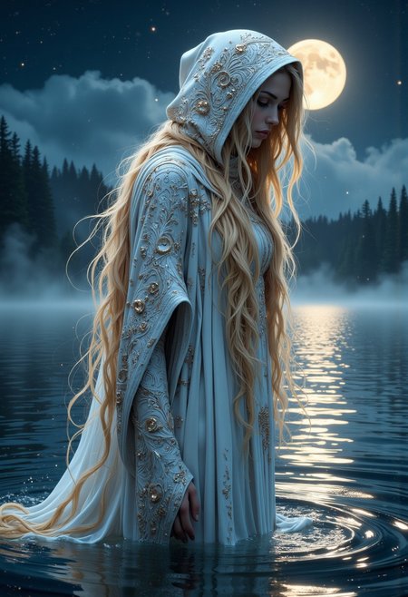 A woman covered in a white cloak. long blond hair. complex detailed patterns. stands in the middle of a lake. fog over the water. fog around the woman. at night. the moon visible in the background. stars. very surrealistic in another universe. unrealistic. . strange world, colorful, psychedelic, 
best quality, sharp focus, high contrast, stylized, dark, clear, surreal, ultra quality, 8k, best quality, vivid color, masterpiece, max details, midjourneyv6.1, from below, from the front, ballerina dance, mythp0rt, aidmaMJ6.1