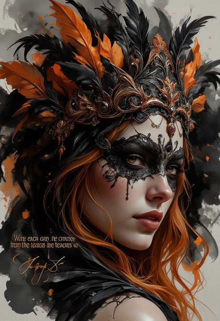 horror, monster, nightmare, fear, illustration, watercolor,
A watercolor and ink wash painting of a dark fantasy scene with a woman in the foreground. She has fiery orange hair and wears an elaborate headdress and mask made from black and burnt orange feathers, combined with intricate lacework. The text "With each day, we change, growing from the lessons life teaches us," is written in a deep, meaningful style. The background is softly blurred, with rich, soft washes of black and orange. The composition exudes a mood of mysterious elegance and dark fantasy. The artist's signature "Super S" is displayed in the bottom left corner.