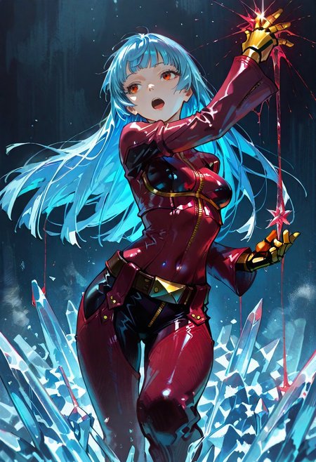masterpiece, best quality, very aesthetic BREAK dino \(dinoartforame\), horror \(theme\), gritty, faux traditional media, painting \(medium\) BREAK 1girl, solo, kula diamond, 1girl, solo, long hair, blue hair, gloves, breasts, zipper, red eyes, bangs, chaps, red lavender bodysuit,  gloves, gold gloves,  mechanical gloves,belt, covered navel, dynamic pose, ice, ice effects, open mouth, 
 <lora:noob05-dinoartforame-jan30v2-step00002464:1>