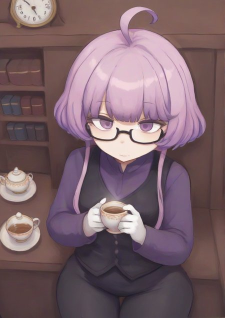 1girl, ahoge, animal, bespectacled, black-framed eyewear, black pants, black vest, book, bookshelf, clock, closed mouth, cuckoo clock, cup, dog, expressionless, from above, glasses, gloves, gun, hair ornament, holding, holding book, holding cup, long sleeves, looking at viewer, looking up, miniskirt, open book, painting (object), pants, purple eyes, purple hair, purple shirt, safe (container), semi-rimless eyewear, shirt, short hair with long locks, sidelocks, skirt, solo, tea, teacup, teapot, under-rim eyewear, vest, weapon, white gloves <lora:kimsomangg:1>