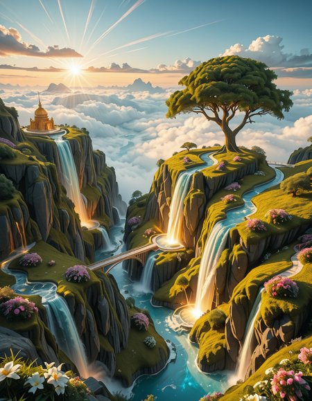 A mesmerizing celestial background featuring an otherworldly paradise. Towering crystalline mountains with peaks that glow softly under a sky painted in shifting hues of iridescent blues, pinks, and golds. Rivers of liquid light flow through vast, open meadows filled with luminescent flowers that pulse with a gentle glow. Gigantic, translucent trees with silver leaves sway in a breeze that carries floating particles of golden dust. Suspended bridges made of shimmering energy connect ancient, floating monoliths engraved with intricate celestial patterns. In the distance, an enormous radiant waterfall cascades into a bottomless, mist-covered abyss, reflecting the surrounding ethereal glow. A tranquil atmosphere, untouched and divine, filled with an overwhelming sense of wonder and serenity.
<lora:SDXLFaeTastic2400:0.4> <lora:extremely_detailed:0.4> extremely detailed,heavenly l4ndsc4p3, <lora:heavenly_l4ndsc4p3-i:1>, Masterpiece,best quality,hi res,8k,hi res,8k,award winning,(sharp focus, intricate, highly detailed),
