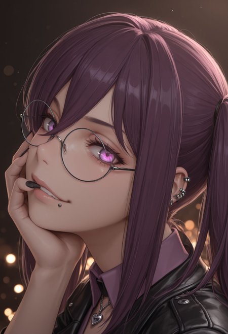 masterpiece,best quality,absurdres,highres,very aesthetic,high quality,detailed,insanely detailed,beautiful,perfect lighting, ,depth of field,blurry background,bokeh, looking at viewer, 
very aesthetic, , very awa  ,    <lora:Mitori Kouzaku illu V2:1> 1girl, twintails, purple hair, long hair, hair between eyes, purple eyes, leather jacket, see-through shirt, heart choker, ear piercings, lip piercing, black fingernails, sharp fingernails, round eyewear,, smirk, portrait, face focus, fisheye lens, glowing eye, hand on own face, head tilt, looking aside, from side,