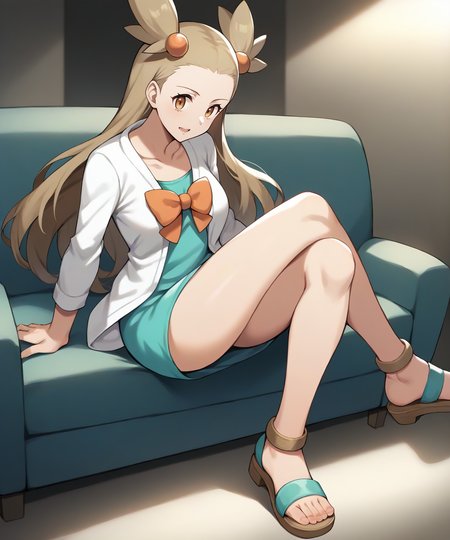 score_9, score_8_up, 1girl,
good quality, masterpiece, mature female, ultradetail, anime, source_anime, aesthetic, (solo)
 <lora:JasminePokemon-05:0.9>PokeJasmine,  long hair, short white cardigan, collarbone,  orange bowtie, sleeves past elbows,  (very short dress), aqua dress,  vibrant color, dynamic pose, sitting in sofa, crossed legs, inside living room, sandals,