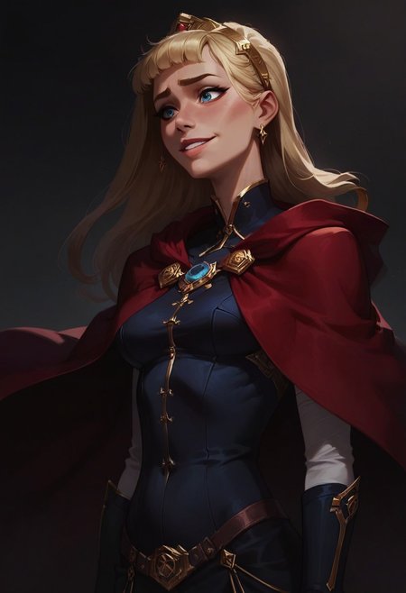 score_9, score_8_up, score_8_up, raw, masterpiece, best quality, perfect anatomy, very aesthetic, absurdres,
perky breasts, 
1girl, solo, cagliosaka,  blonde hair, half-closed eyes, nervous smile, red cape,
rating safe, standing, 
cowboy shot,  
simple grey background, Expressiveh, concept art, realistic, dark theme, low light, arcan3styl3v1,