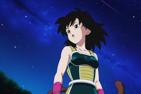 anime screencap, absurdres, high quality, official style, 
gine, official style, 1girl, shadow, solo, long hair, breasts, open mouth, star \(sky\), black hair, night sky, bare shoulders, medium breasts, collarbone, upper body, cowboy shot, medium hair, :o, black eyes, floating hair, looking away, from below, spiked hair, pink wristband, arm at side, serious, arms at sides, looking afar, monkey tail, saiyan armor, eyebrows, green saiyan armor, looking at another, white trim
 <lora:Gine_IL:0.8>