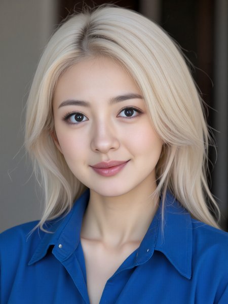 a woman, white hair, blue shirt, light smile, portrait, blurred background