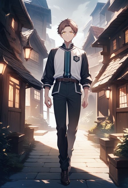 (best quality, masterpiece), 1 boy,18 years old, medieval village, dark mood, Arrogant,
brown hair, short hair, no bangs,  white color student uniform, full body,
 , looking at viewer, Unobtrusive golden eyes, Dull golden eyes,