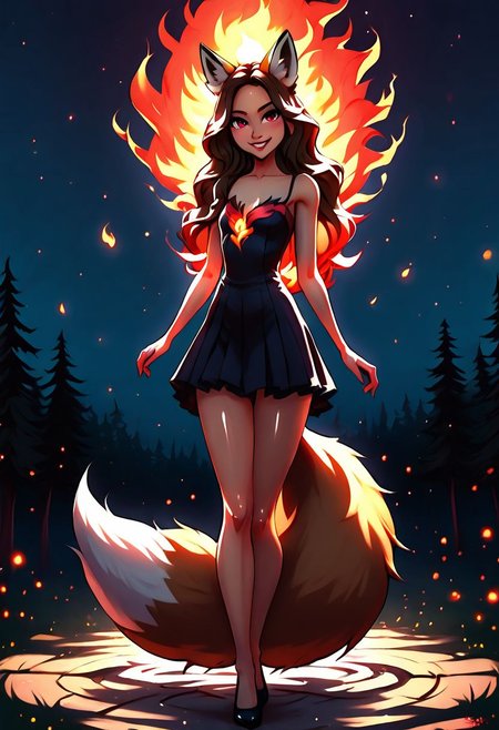 (1girl:2.0), dark brown hair, colorful, very high quality, perfect, (insane details:1.3), (dark brown fox ears and three fox tails:1.5), (3 fox tails:1.5), HDR, UHD, 64K, highly detailed, (magically hovering red flame above hand:1.3), (tip of tails covered in red flames:1.3), (tip of tails engulfed in red flames1.3), (night sky:1.4), (dark forest:1.4), (looks tough:1.3), (wearing red and black dress:1.2), (no flames everywhere:1.4), (human:1.5), (high quality:1.5), (pretty:1.5), revealing dress, score_9, score_8_up, score_8, score_9, 1girl, miniature,  
small chest, petite body, showing lots of skin, very sexy, very cute, long legs, shiny skin, dark brown hair, red eyes,
volumetric lighting, cinematic lighting, ng_deepnegative_v1_75t