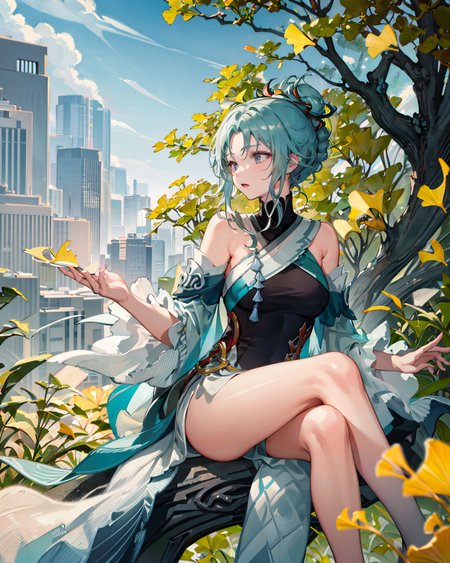 streetwardrambler,1girl,sitting,outdoors,garden,
 <lora:StreetwardRamblerMadamePingV1[streetwardrambler]:1>,  ginkgo leaf,