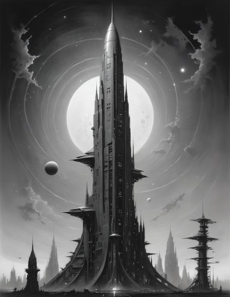 by Bruce Pennington, David Mould, by Shaun Tan, a complex science fiction skyscraper and a galactic sky at night, in the (style of Pencil Sketch Drawing:1.6), limited dark palette, unusual inverted monochrome, highly dramatic lighting
<lora:xl_more_art-full_v1:0.5>