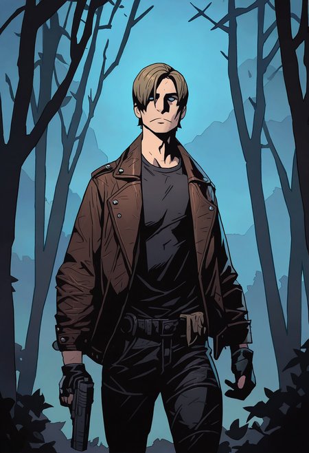 1boy, solo, leon s. kennedy, night, leather jacket, black pants, black shirt, brown jacket, handgun, forest, 
masterpiece, best quality, <lora:Mike_Mignola-guy90-Illust-Lycorisv1:1> alomik