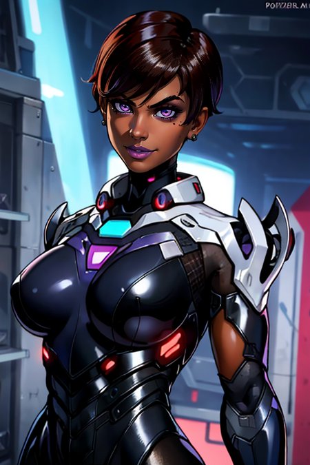 masterpiece,best quality,extreme detail,8k,image sharpness,<lora:sombra-10:0.8> 1girl, solo, breasts, looking at viewer, smile, short hair, large breasts, brown hair, jewelry, purple eyes, upper body, earrings, artist name, dark skin, mole, huge breasts, dark-skinned female, lips, mole under eye, bodysuit, makeup, watermark, lipstick, skin tight, web address, science fiction, cyborg, purple lips, neon trim