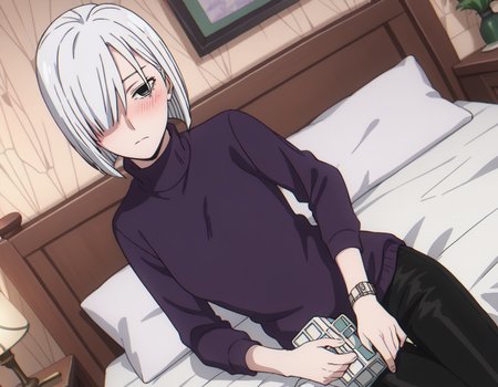 score_9, score_8_up, score_7_up, source_anime,
fionafrost, <lora:fiona-frost-s1-ponyxl-lora-nochekaiser:1>,
fiona frost, white hair, short hair, hair over one eye, grey eyes,
long sleeves, pants, sweater, turtleneck, black pants, watch, turtleneck sweater, wristwatch, purple sweater,
indoors, bed, bed room, on side, blush, drunk,
looking at viewer, solo, cowboy shot, dutch angle,