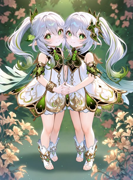 masterpiece, best quality, newest, absurdres, highres,  2girls, symbol-shaped pupils, nahida \(genshin impact\), clone, green background, abstract background, leaf background, floral background, standing, palms together, cheek-to-cheek. looking at viewer, smile,interlocked fingers, full body, <lora:ruheeNAI-XL_Vpred:0.8>