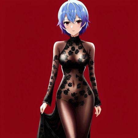 <lora:RutiBanished_pony_v1:.7> RutiBanished, 1girl,  solo, blue hair, red eyes, short hair, multicolored hair, purple hair, cowboy shot,  <lora:1013 Home wear 30_v1_pony:1> ruanyi1013,black dress,floral print,long dress,long sleeves,see-through dress,skin tight,lace