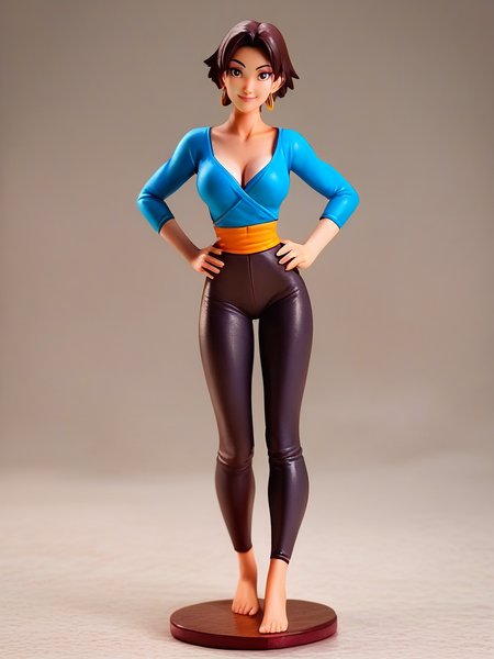 score_9, score_8_up, score_7_up, 1girl, hands on hips, dynamic pose, smile, looking at viewer, simple background, full body, cute pose,,
 <lora:ASinbadMarina_character:0.85>, MarinaXLP, short hair, makeup, brown hair, black eyes, earrings, capri pants, blue shirt, cleavage, sarashi, cartoon, <lora:Anime_Figure_P1:0.85> figure