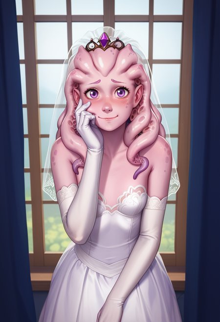 score_9, score_8_up, score_7_up, score_6_up, 1girl, solo, wedding dress, lace, shy smile, white elbow gloves, white stockings, veil, hand on cheek,
<lora:Krys_Decker_-_Artist_style_Newer__characters:0.8> ss-krd_new,   <lora:Huntress_Subverse_PDXL:0.7> huntress-dh, small breasts, tentacle hair, monster girl, pink skin, colored skin, dark purple nails, noseless, purple eyes