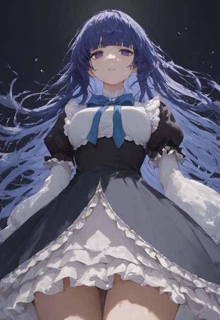zPDXL3, score_9, score_8_up, score_7_up, ASCII, masterpiece,frederica bernkastel, umineko no naku koro ni, 1girl, black background, black dress, blue hair, blunt bangs, bow, dress, empty eyes, expressionless, frilled dress, frills, hair over shoulder, long hair, looking at viewer, puffy sleeves, purple eyes, solo, straight hair, close up hips, sweaty, from below