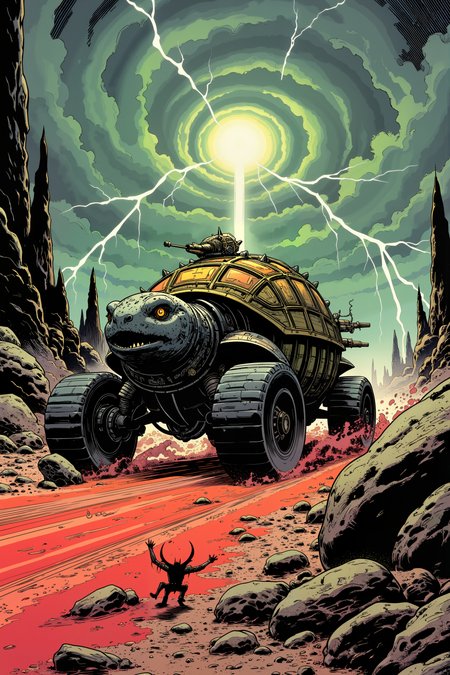 A wheeled fortress resembling a gigantic turtle rumbles down a road made of pulsating, fleshy material that stretches endlessly across a barren, alien wasteland. The fortress is covered in spiked armor and bristling with cannons, its surface scarred from countless battles. The road itself seems alive, undulating and shifting slightly under the weight of the vehicle, its surface glowing faintly with a deep, pulsing red light. Surrounding the road, jagged rock formations rise like broken teeth, their surfaces covered in strange, glowing glyphs that seem to watch the vehicle as it passes. The sky above is an ominous swirl of gray and green, crackling with intermittent bursts of lightning that illuminate the desolate landscape. The fortressâ engines roar like distant thunder, sending plumes of black smoke into the air as it powers forward. Strange, spindly creatures scuttle across the rocks, their glowing eyes fixed on the massive vehicle. The air is thick with tension, the oppressive atmosphere pressing down on everything in sight. Far ahead, the road disappears into a swirling vortex of shadow and light, its destination unknown. , detailed background  Fantastic lighting. Detailed shadows.intricate details, vivid colors, hyper-detailed, ultra-sharp, High resolution, high detail. Highly detailed. , ,meiman_style,This is a retro comic book style digital illustration,  <lora:meimanstylev2:0.4><lora:Vintage comic book:0.4><lora:RetroAnimeFluxV1:0.15><lora:Greg_Capullo_style:0.4><lora:jeanClaude_Mzires_Style_FLUX-000001:0.4><lora:Flux_Ink_Anime:0.4>