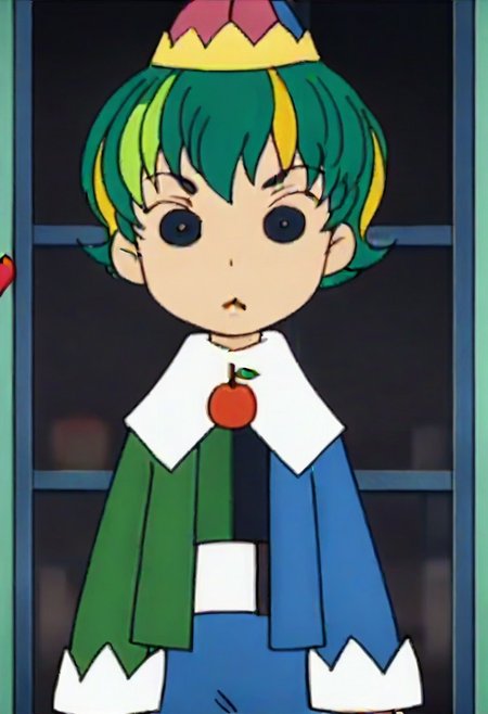 hat, green hair, multicolored hair, long sleeves, short hair, cherry, fruit, 1girl, blonde hair, black eyes,,,,,,,,,,, ,,,,,anime coloring,anime screencap, 1girl,Solo ,, anime,,,,official art, Uncensored ,Unedited ,,,,, ,,,,,,